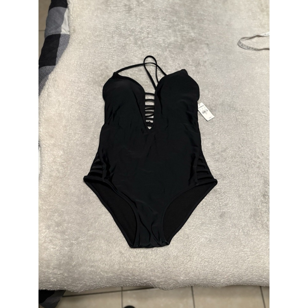 Express Black Strappy One Piece Swimsuit Keyhole Plunge Lattice Cutout Medium